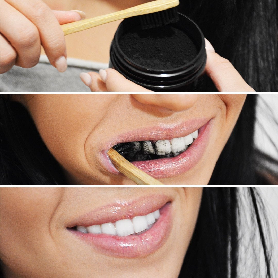 Polvo Blanqueador Dental con Carbón Activado + Cepillo de Dientes de Madera | Cuidado Bucal Natural